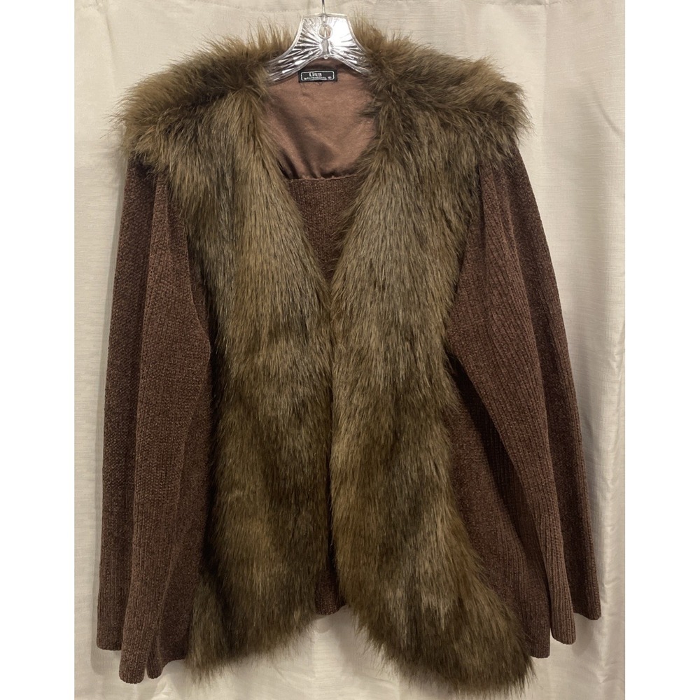 Lisa International Brown Long Sleeve‎ Chenille Faux Fur Sweater Cardigan Women L